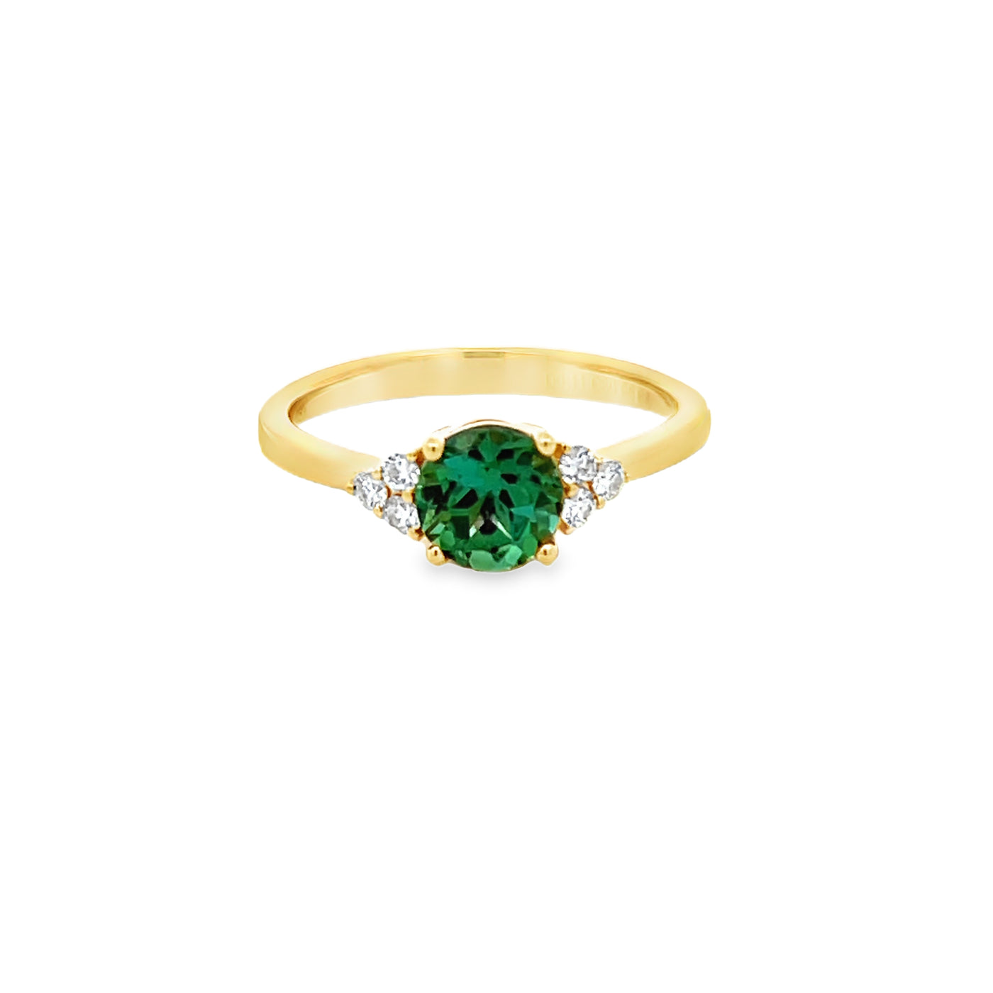 18k Yellow Gold Round Green Tourmaline and Diamond Prong Set Ring (0.95ct.)