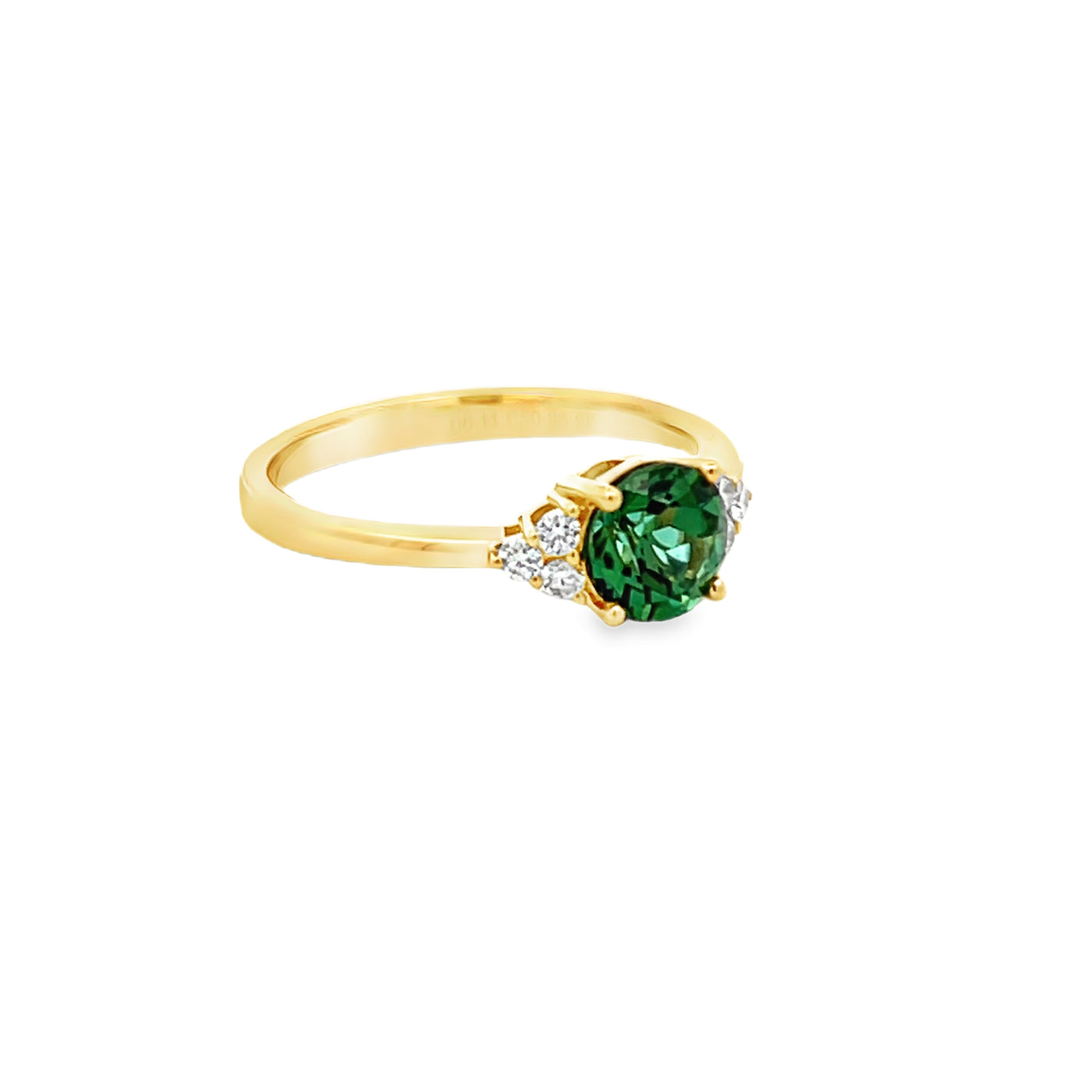18k Yellow Gold Round Green Tourmaline and Diamond Prong Set Ring (0.95ct.)