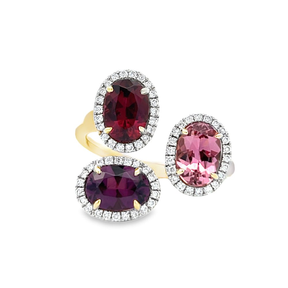 14k Two Tone Oval Pink Tourmaline and Round Diamond Three Stone Halo Ring (2.73ctw.)