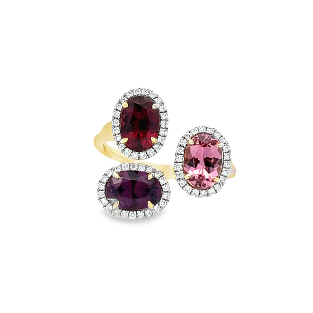14k Two Tone Oval Pink Tourmaline and Round Diamond Three Stone Halo Ring (2.73ctw.)