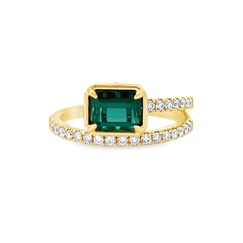 14k Yellow Gold Emerald Cut Green Tourmaline and Diamond Bypass Ring (1.05ct.)