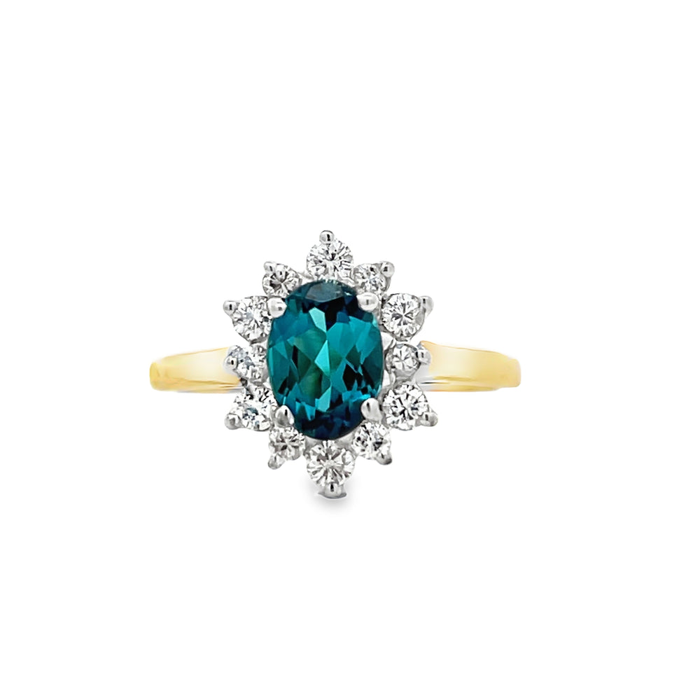 14k Two Tone Oval Green Tourmaline and Round Diamond Halo Ring (0.94ct.)
