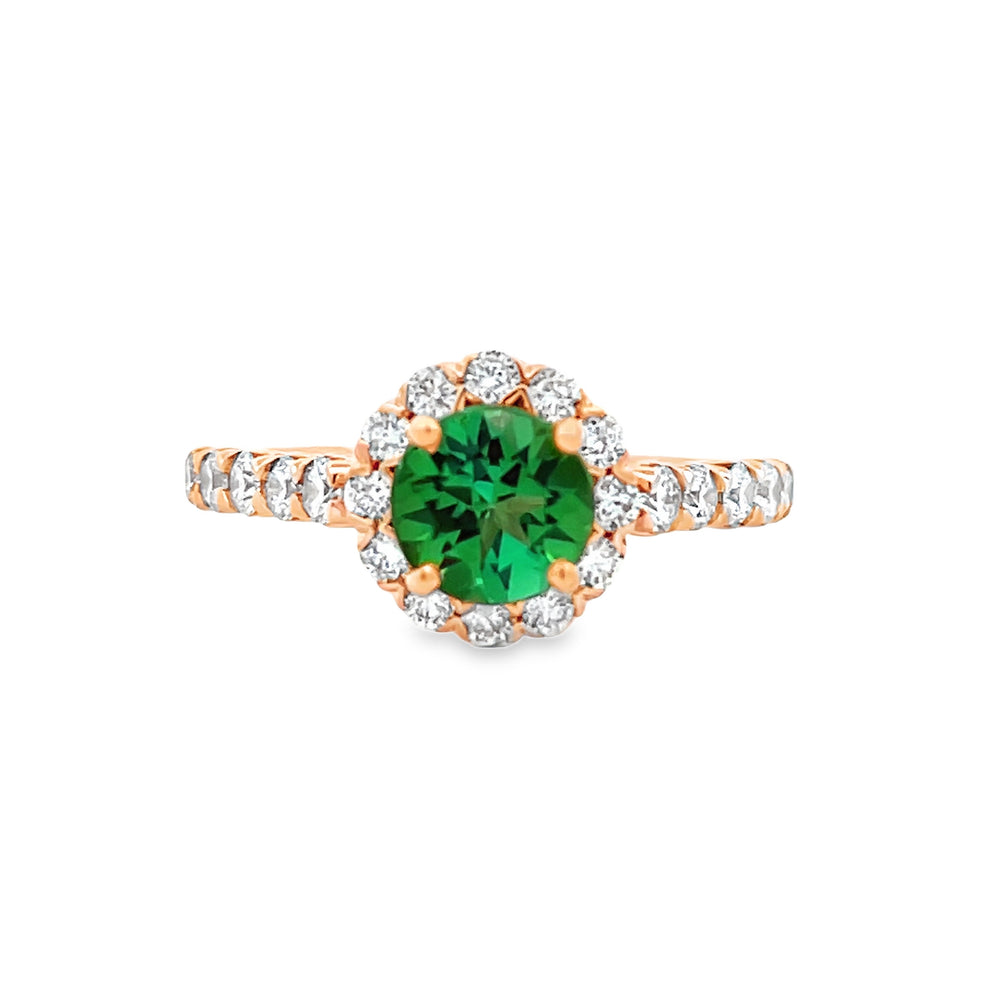 14k Rose Gold Round Green Tourmaline and Diamond Halo Ring (0.84ct.)
