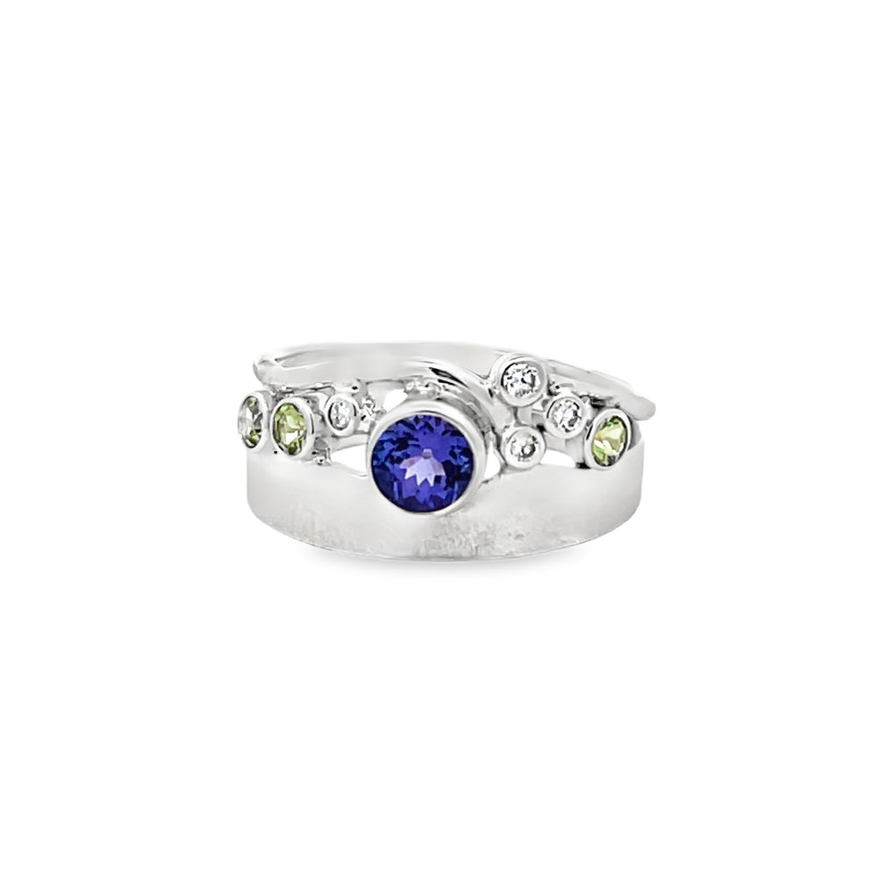 14k White Gold Round Tanzanite, Peridot and Diamond Ring by Paul Richter (0.58ct.)