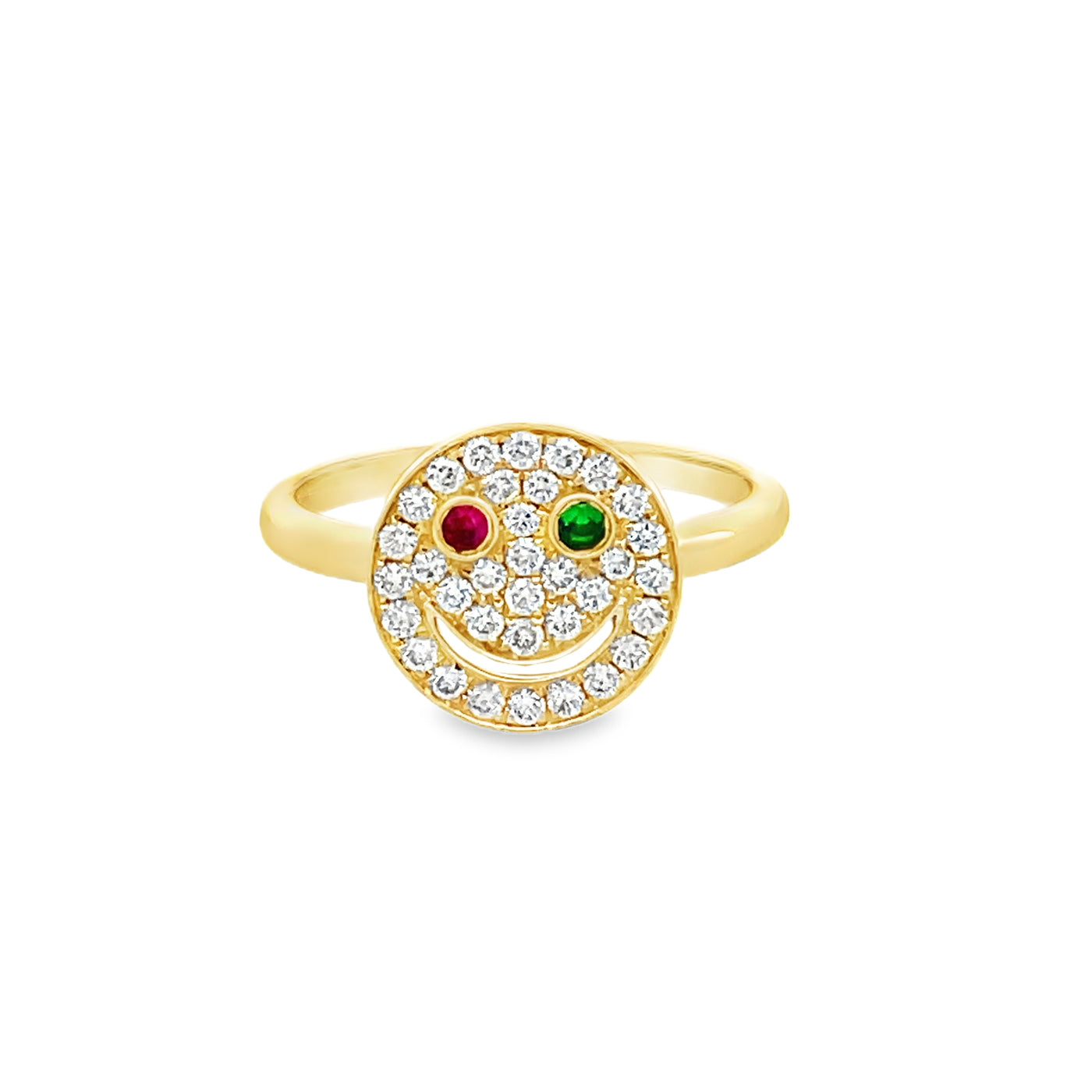 14k Yellow Gold Round Ruby, Tsavorite Garnet and Diamond Smiley Face Ring (0.31ctw.)