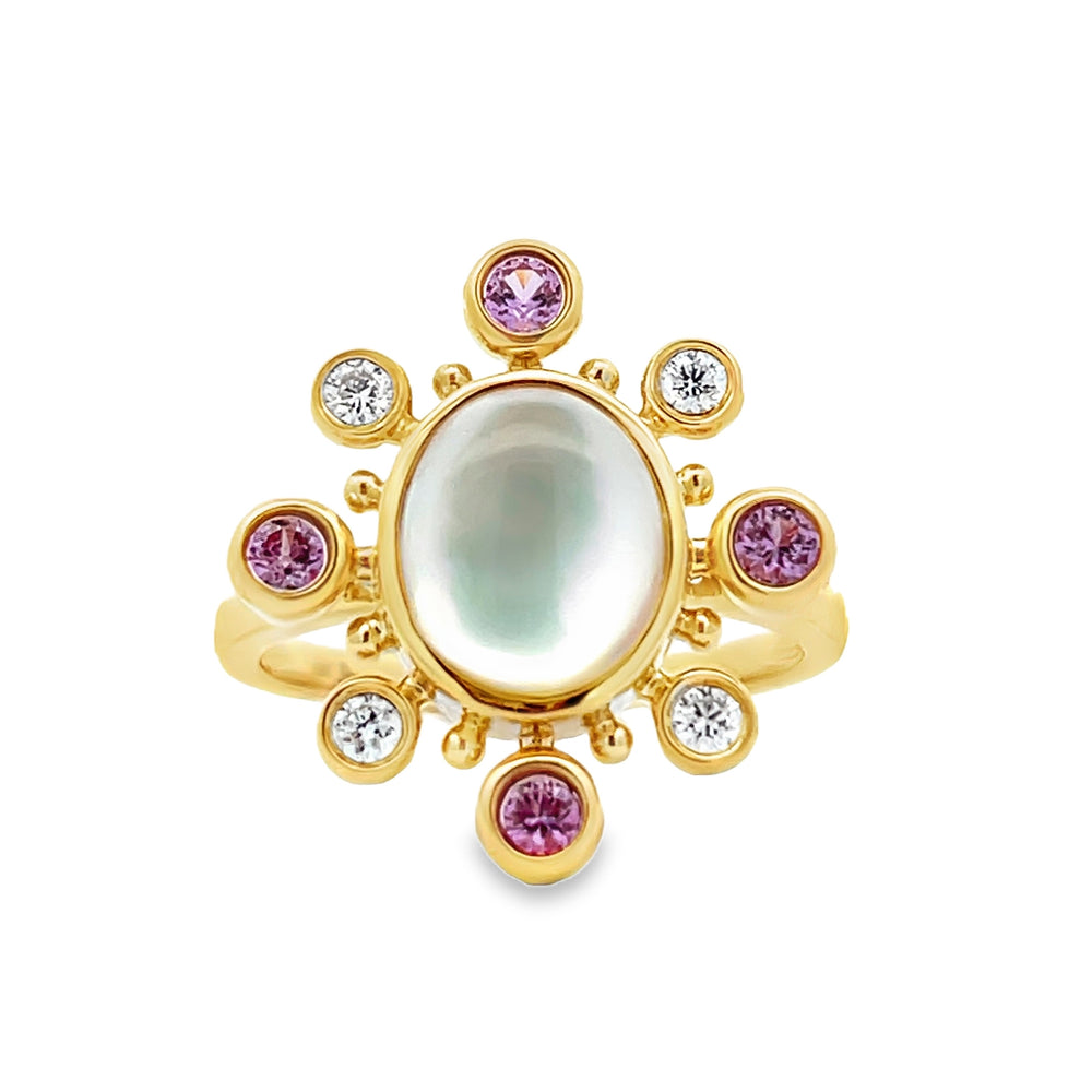 18k Yellow Gold Mother of Pearl and Pink Sapphire Bezel Set Halo Ring (2.23ct.)