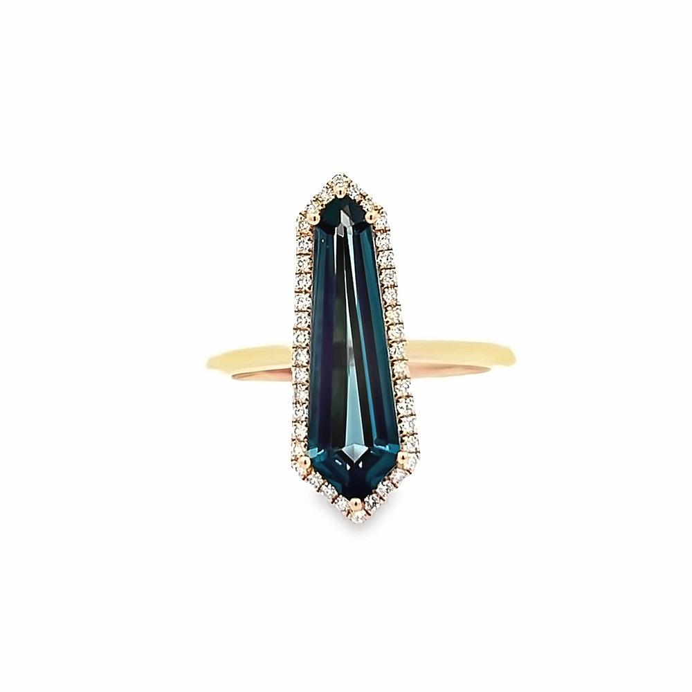 14k Rose Gold Shield Cut London Blue Topaz and Diamond Halo Ring (3.14ct.)