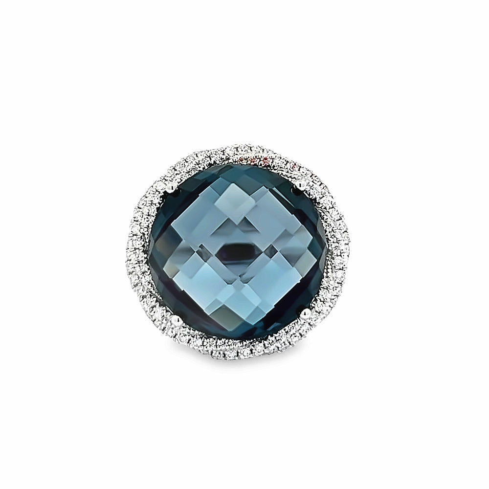 14k White Gold Round London Blue Topaz and Diamond Halo Ring (17.30ct.)