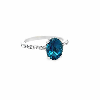 14k White Gold Oval London Blue Topaz and Diamond Prong Set Hidden Halo Ring (2.42ct.)