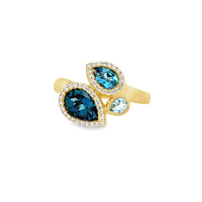 14k Yellow Gold Pear Shape Blue Topaz and Round Diamond Three Stone Halo Ring (1.96ctw.)