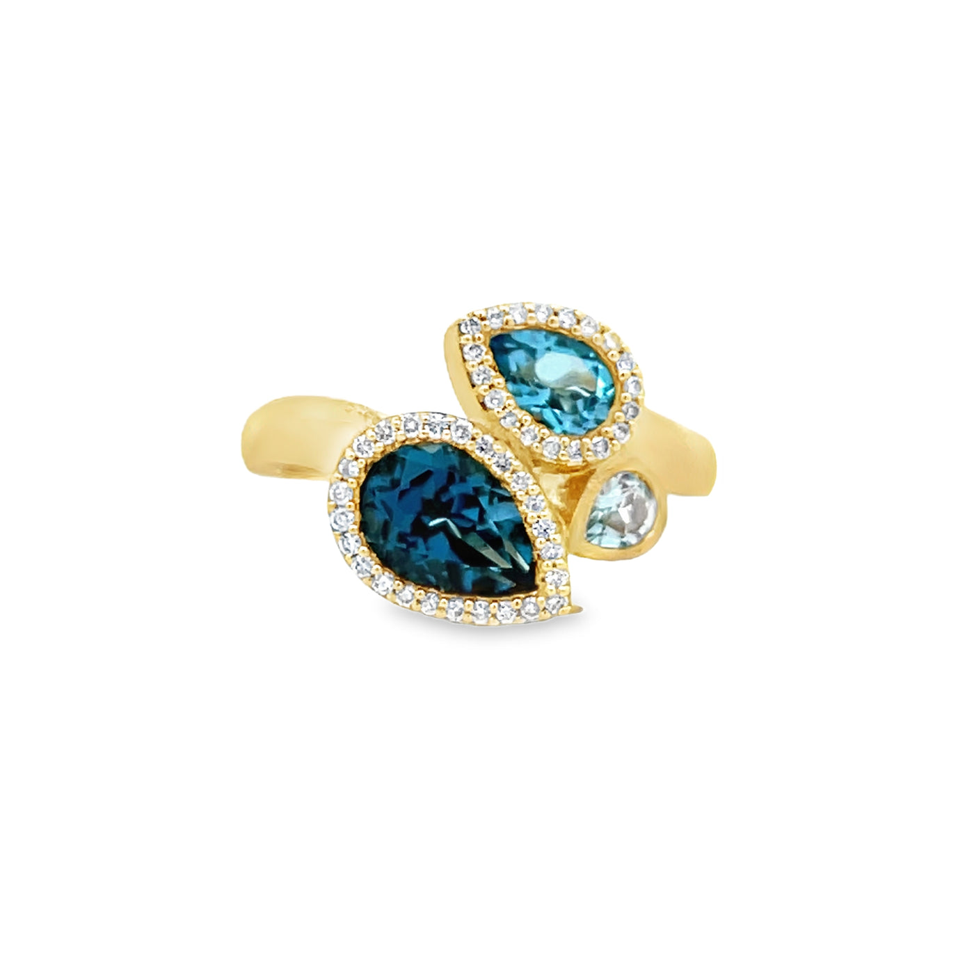 14k Yellow Gold Pear Shape Blue Topaz and Round Diamond Three Stone Halo Ring (1.96ctw.)