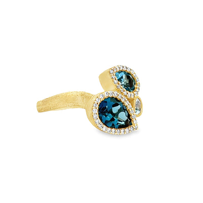 14k Yellow Gold Pear Shape Blue Topaz and Round Diamond Three Stone Halo Ring (1.96ctw.)