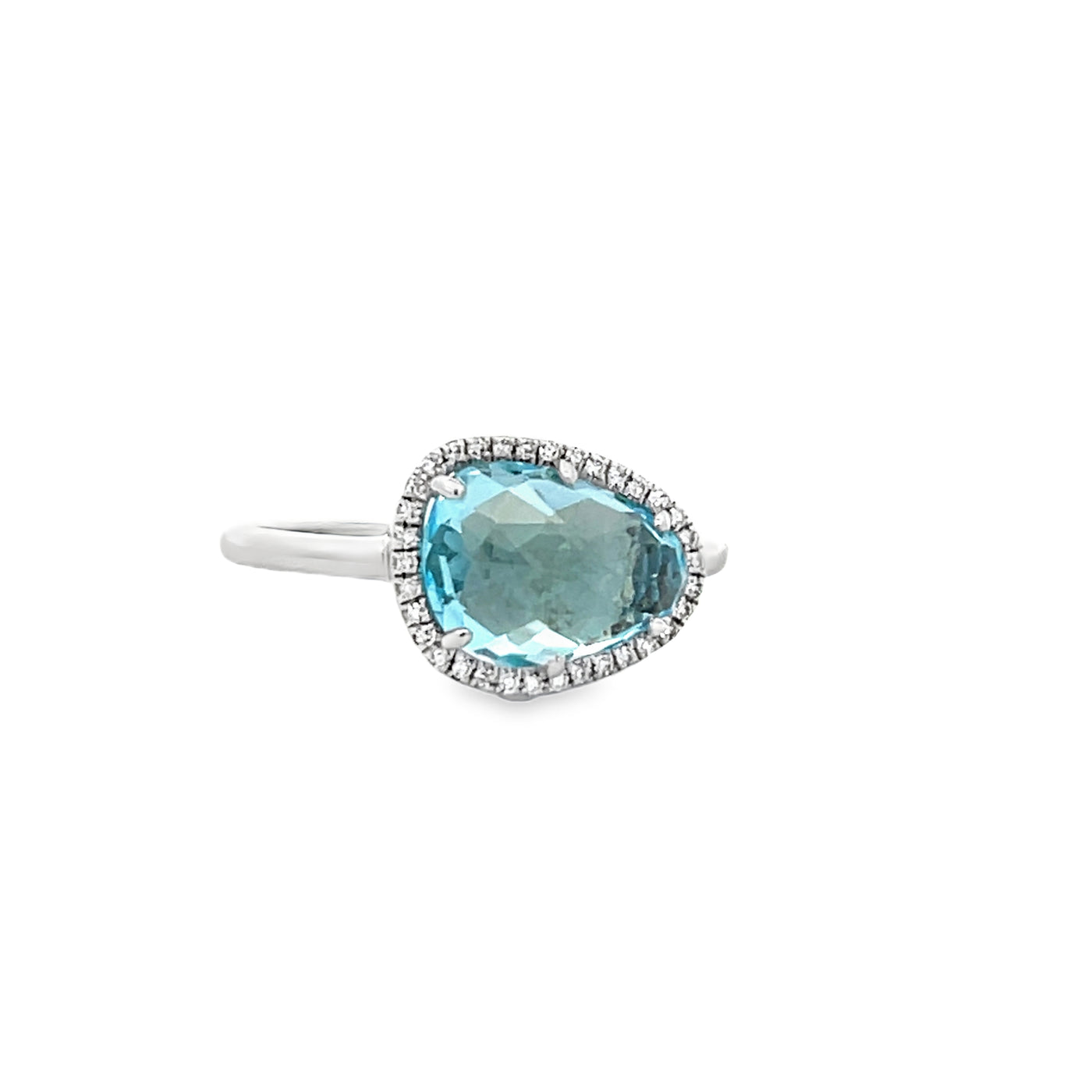 14k White Gold Triangular Blue Topaz and Diamond Prong Set Halo Ring (2.69ct.)