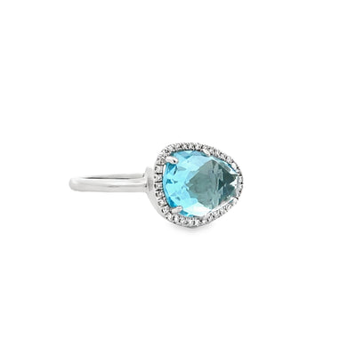 14k White Gold Triangular Blue Topaz and Diamond Prong Set Halo Ring (2.69ct.)