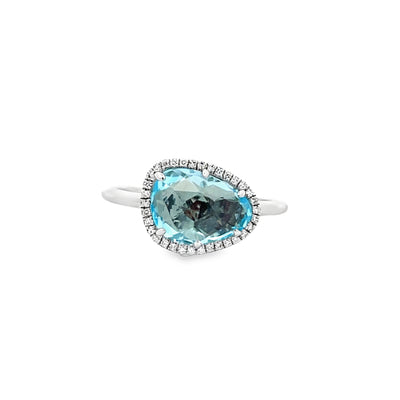 14k White Gold Triangular Blue Topaz and Diamond Prong Set Halo Ring (2.69ct.)