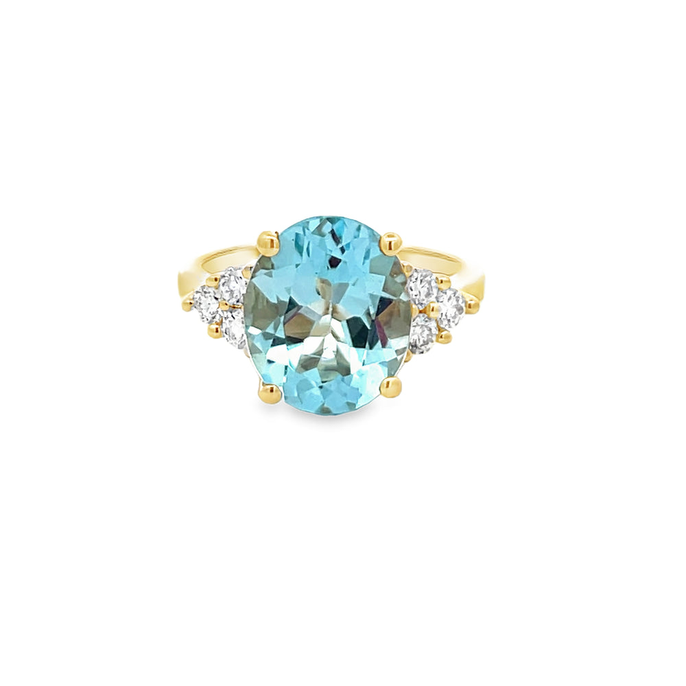 14k Yellow Gold Oval Blue Topaz and Round Diamond Prong Set Ring (5.76ct.)