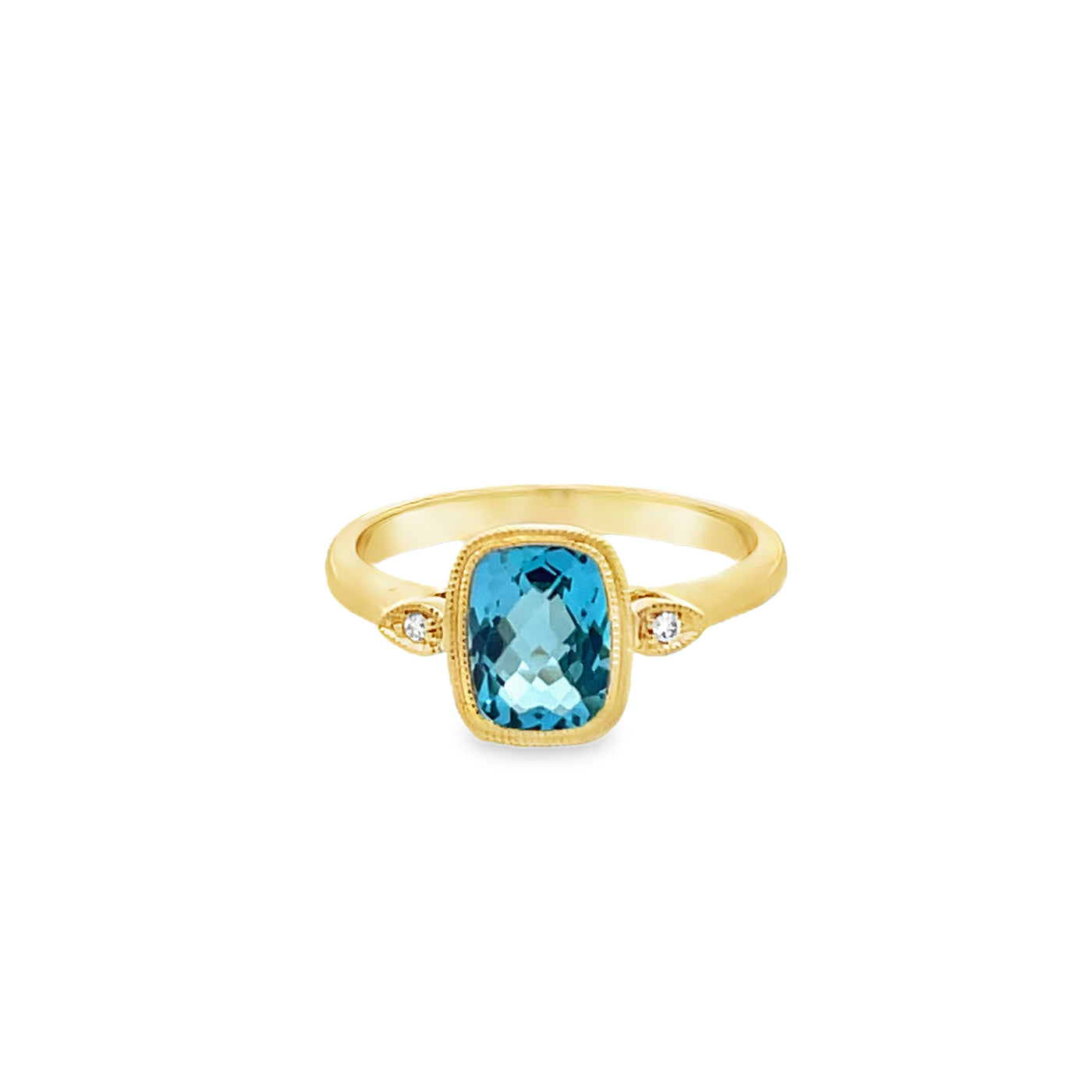 14k White Gold Cushion Cut Blue Topaz and Diamond Bezel Set Ring (1.75ct.)