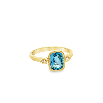 14k White Gold Cushion Cut Blue Topaz and Diamond Bezel Set Ring (1.75ct.)