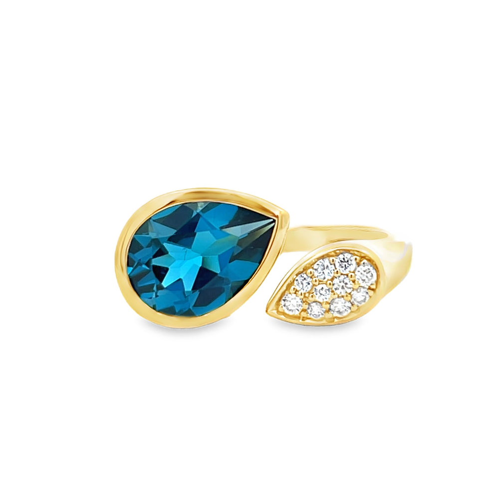 18k Yellow Gold Pear Shape Blue Topaz and Round Diamond Bypass Ring (2.06ct.)