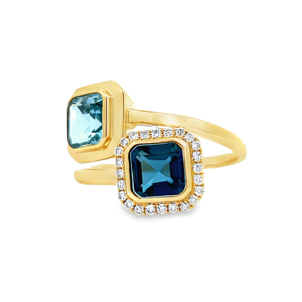 18k Yellow Gold Square Blue Topaz and Round Diamond Bypass Halo Two Stone Ring (2.45ctw.)