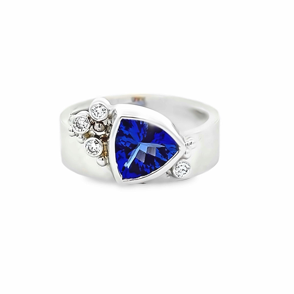 Custom 14k White Gold Trillion Cut Tanzanite and Diamond Ring by Paul Richter