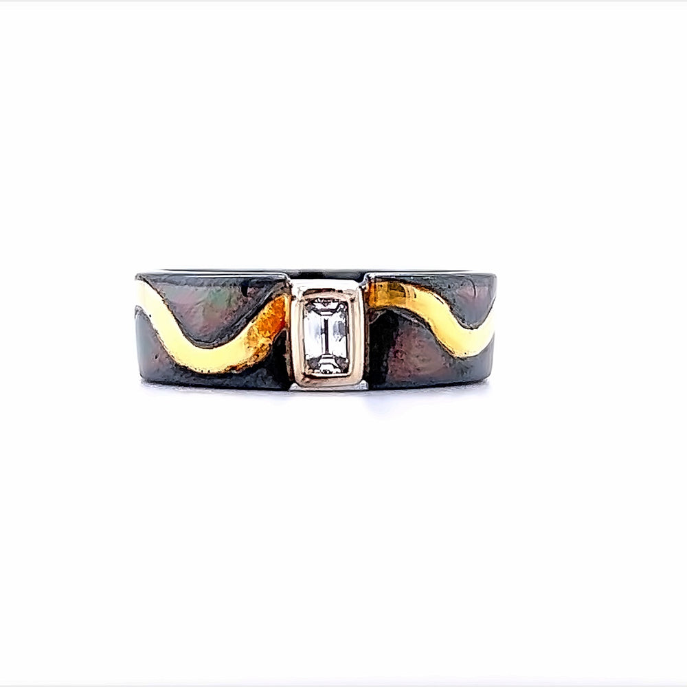 Oxidized Sterling Silver and 18k Yellow Gold Emerald Cut Diamond Pathways Ring by Paul Richter