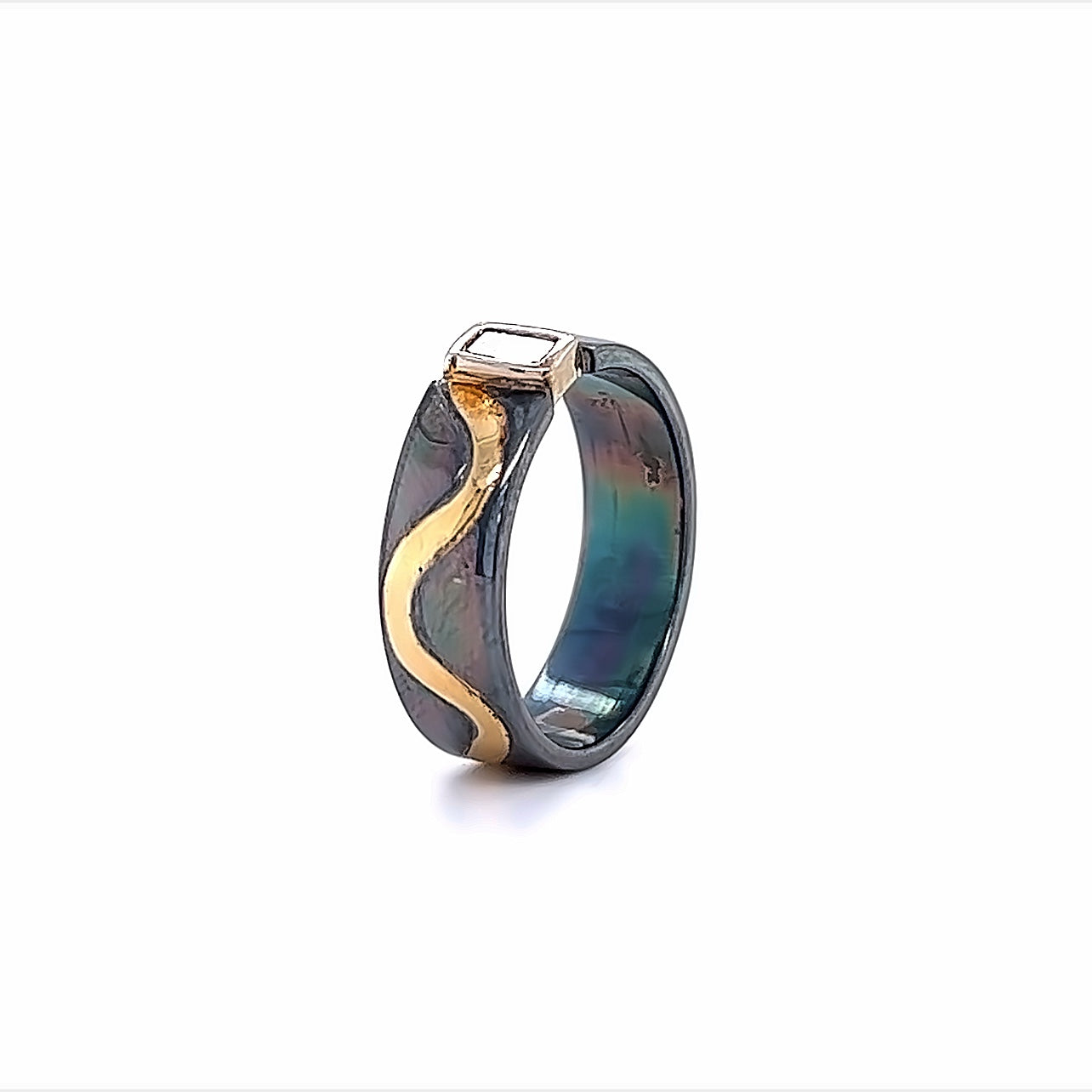 Oxidized Sterling Silver and 18k Yellow Gold Emerald Cut Diamond Pathways Ring by Paul Richter