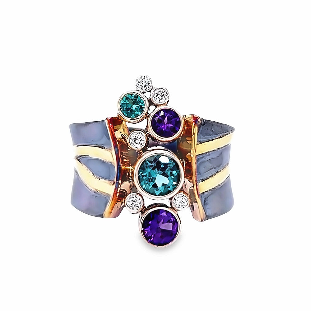 Oxidized Sterling Silver and 18k Yellow Gold Green Tourmaline and Amethyst Pathways Ring by Paul Richter (1.06ctw.)