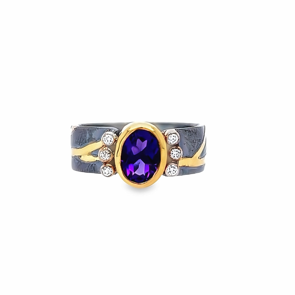 Oxidized Sterling Silver and 18k Yellow Gold Amethyst and Diamond Pathways Ring by Paul Richter (1.05ct.)