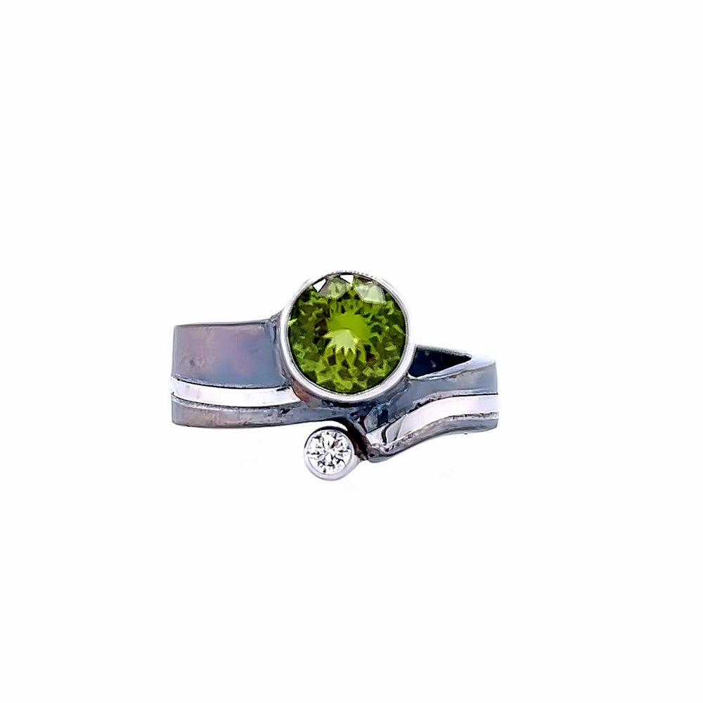 Oxidized Sterling Silver and 14k White Gold Peridot and Diamond Pathways Ring by Paul Richter (1.46ct.)