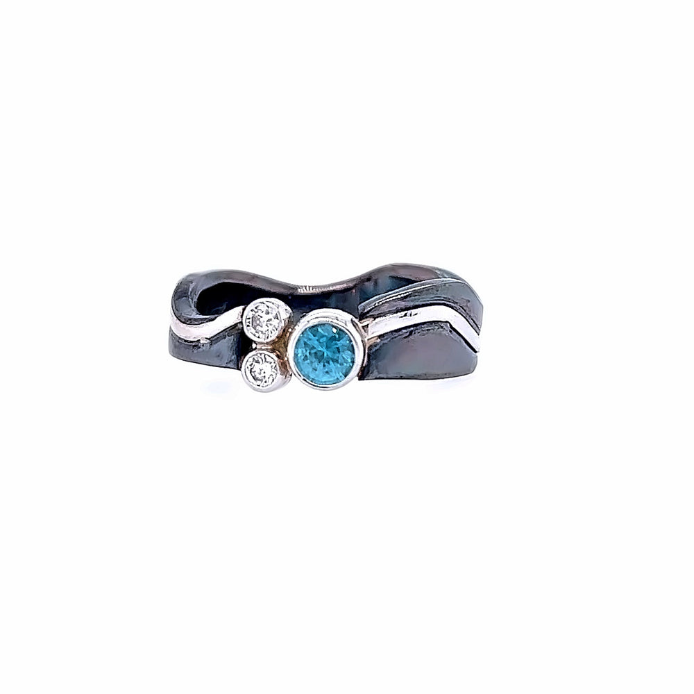 Oxidized Sterling Silver and 14k White Gold Blue Zircon and Diamond Pathways Ring by Paul Richter (0.47ct.)