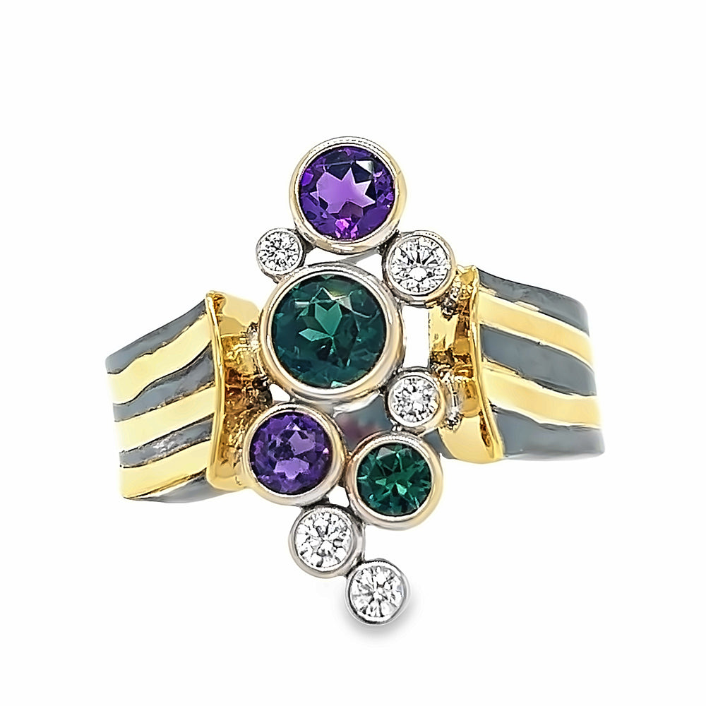 Custom Oxidized Sterling Silver and 18k Yellow Gold Pathways Ring by Paul Richter