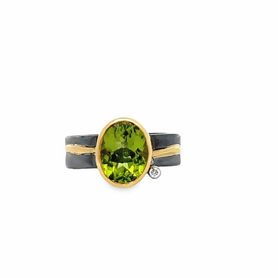 Oxidized Sterling Silver and 18k Yellow Gold Peridot and Diamond Pathways Ring by Paul Richter (2.83ct.)