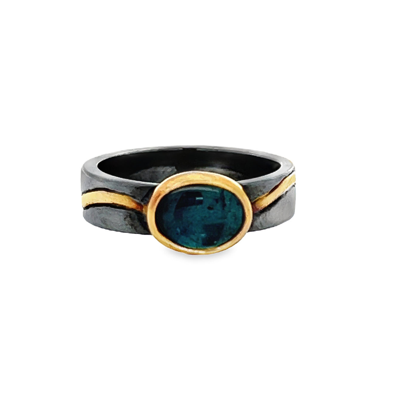 Oxidized Sterling Silver and 18k Yellow Gold Blue Tourmaline Pathways Ring by Paul Richter (1.57ct.)