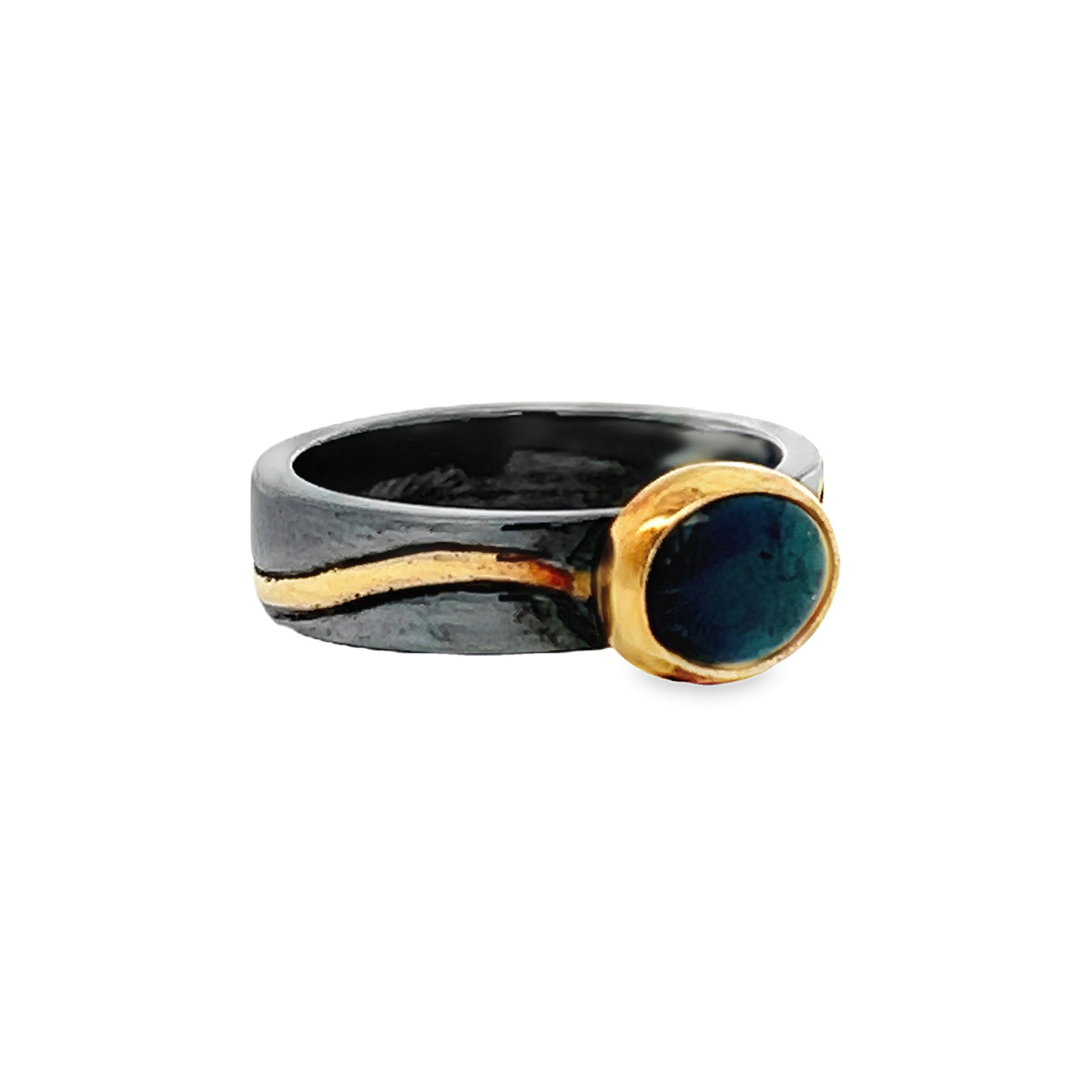 Oxidized Sterling Silver and 18k Yellow Gold Blue Tourmaline Pathways Ring by Paul Richter (1.57ct.)