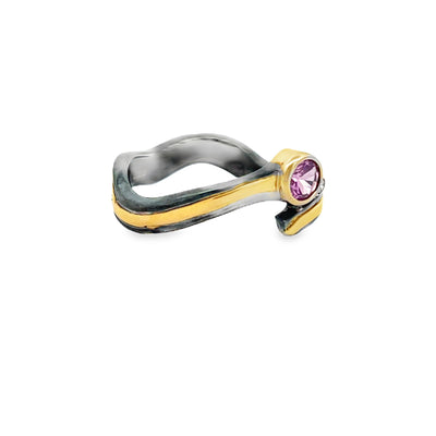 Oxidized Sterling Silver and 18k Yellow Gold Pink Sapphire and Diamond Pathways Ring by Paul Richter (0.39ct.)