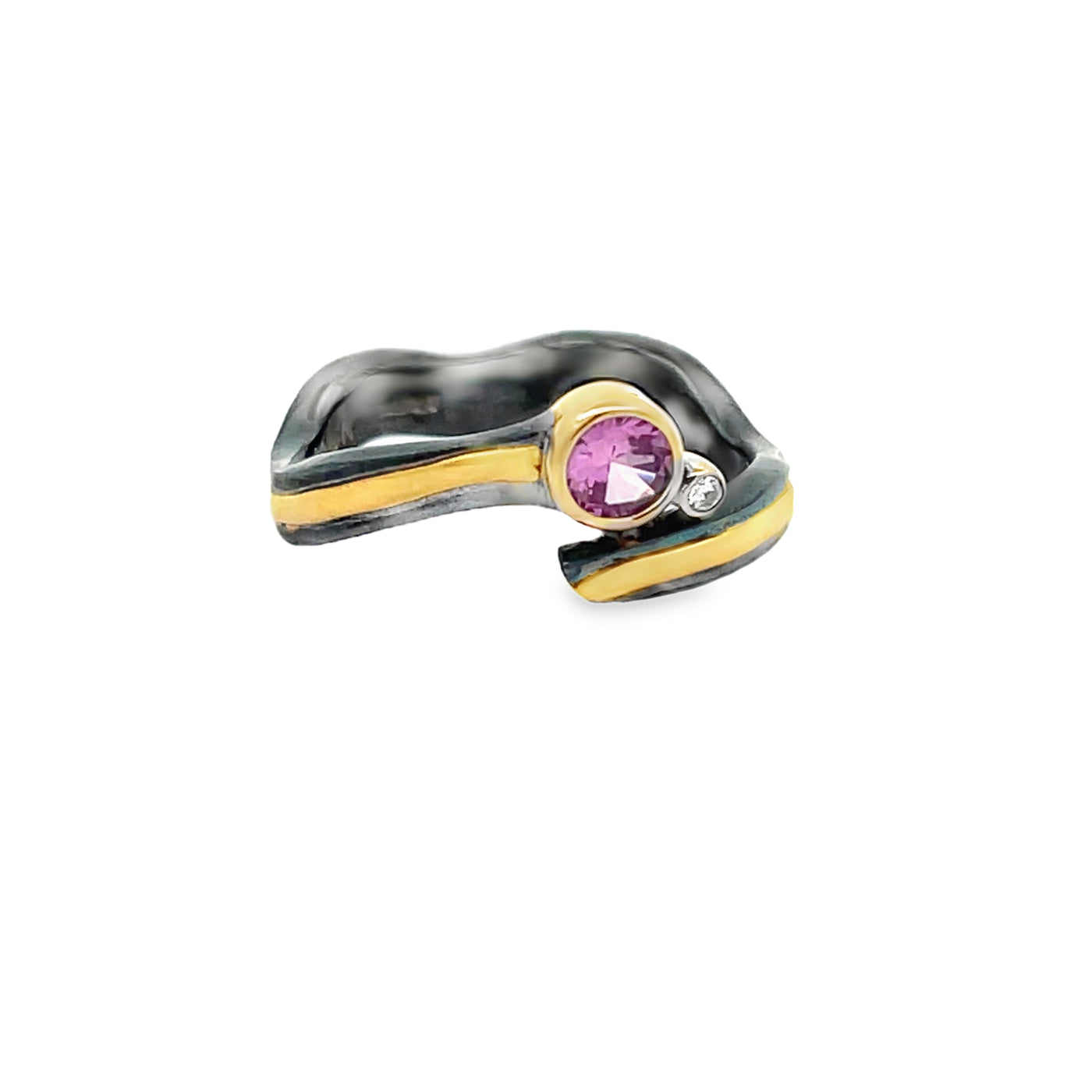 Oxidized Sterling Silver and 18k Yellow Gold Pink Sapphire and Diamond Pathways Ring by Paul Richter (0.39ct.)