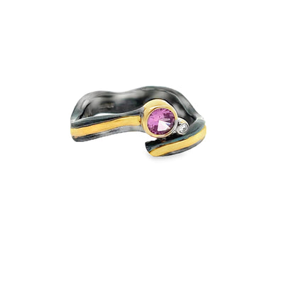 Oxidized Sterling Silver and 18k Yellow Gold Pink Sapphire and Diamond Pathways Ring by Paul Richter (0.39ct.)