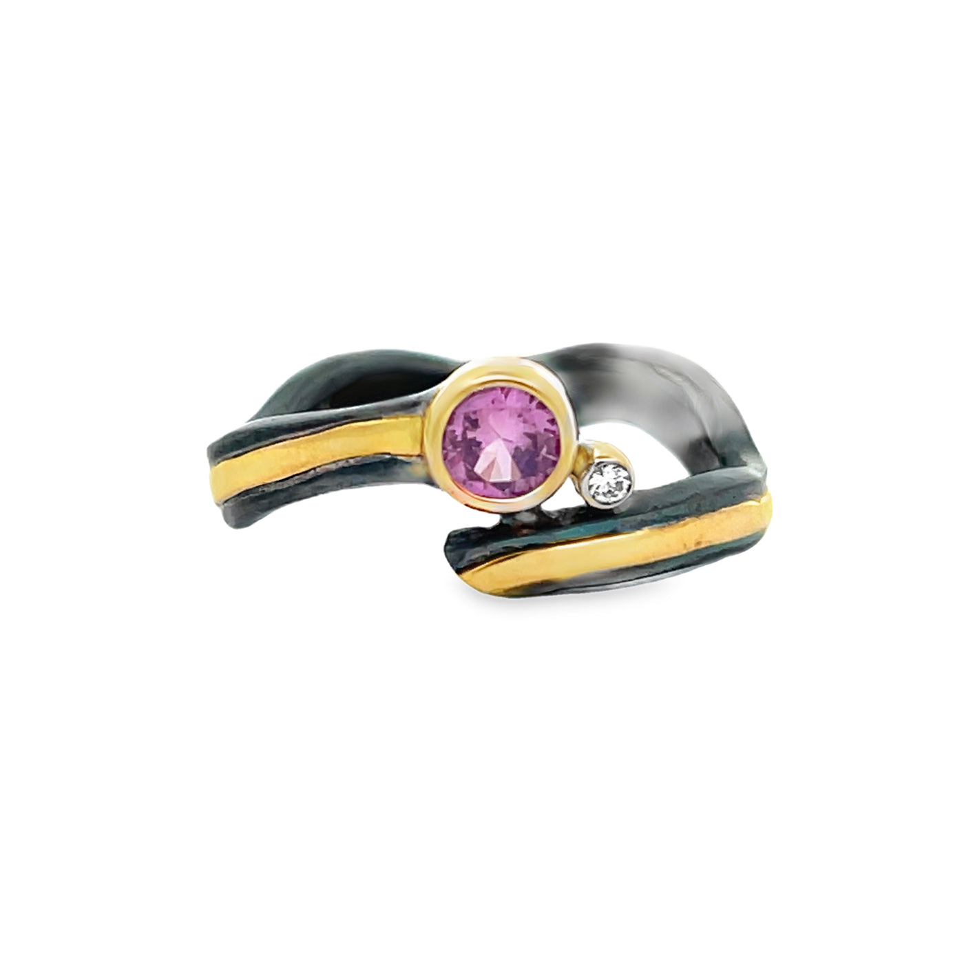 Oxidized Sterling Silver and 18k Yellow Gold Pink Sapphire and Diamond Pathways Ring by Paul Richter (0.39ct.)