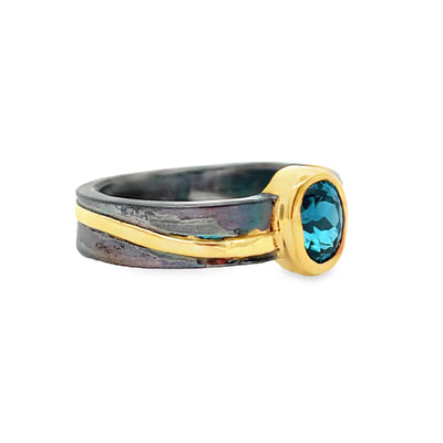 Oxidized Sterling Silver and 18k Yellow Gold Oval Blue Zircon Pathways Ring by Paul Richter (0.86ct.)