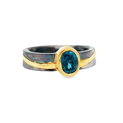 Oxidized Sterling Silver and 18k Yellow Gold Oval Blue Zircon Pathways Ring by Paul Richter (0.86ct.)