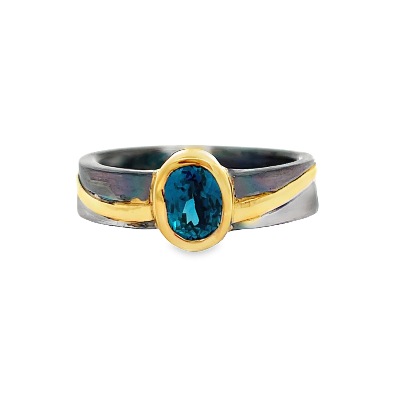 Oxidized Sterling Silver and 18k Yellow Gold Oval Blue Zircon Pathways Ring by Paul Richter (0.86ct.)