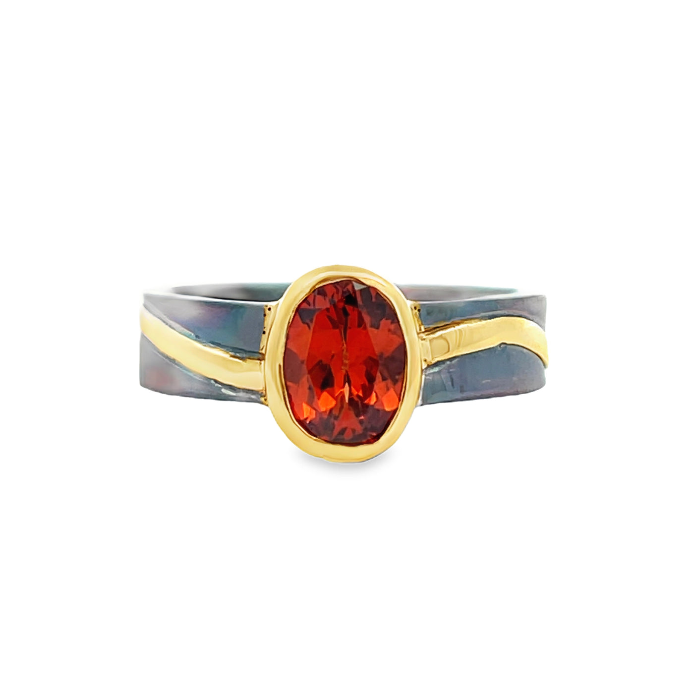 Oxidized Sterling Silver and 18k Yellow Gold Oval Garnet Pathways Ring by Paul Richter (1.48ct.)