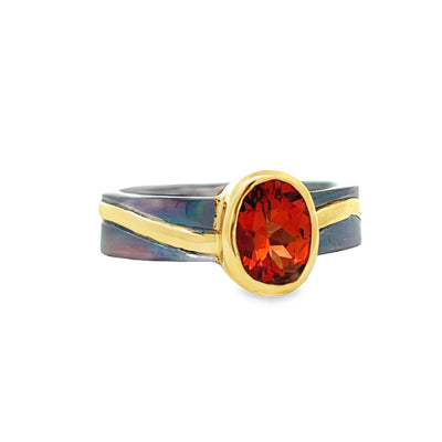 Oxidized Sterling Silver and 18k Yellow Gold Oval Garnet Pathways Ring by Paul Richter (1.48ct.)