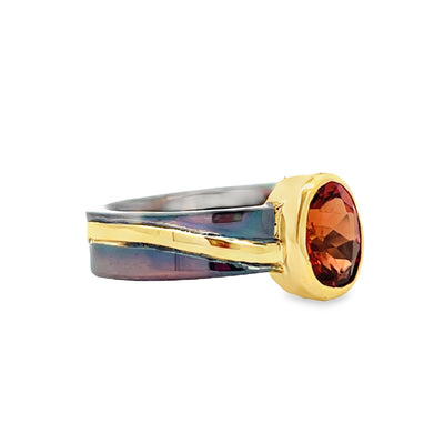 Oxidized Sterling Silver and 18k Yellow Gold Oval Garnet Pathways Ring by Paul Richter (1.48ct.)