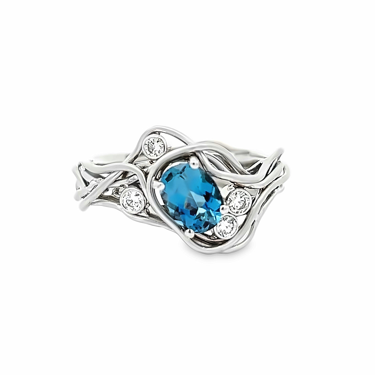 14k White Gold Oval Aquamarine and Diamond Vines Ring by Paul Richter (0.75ct.)