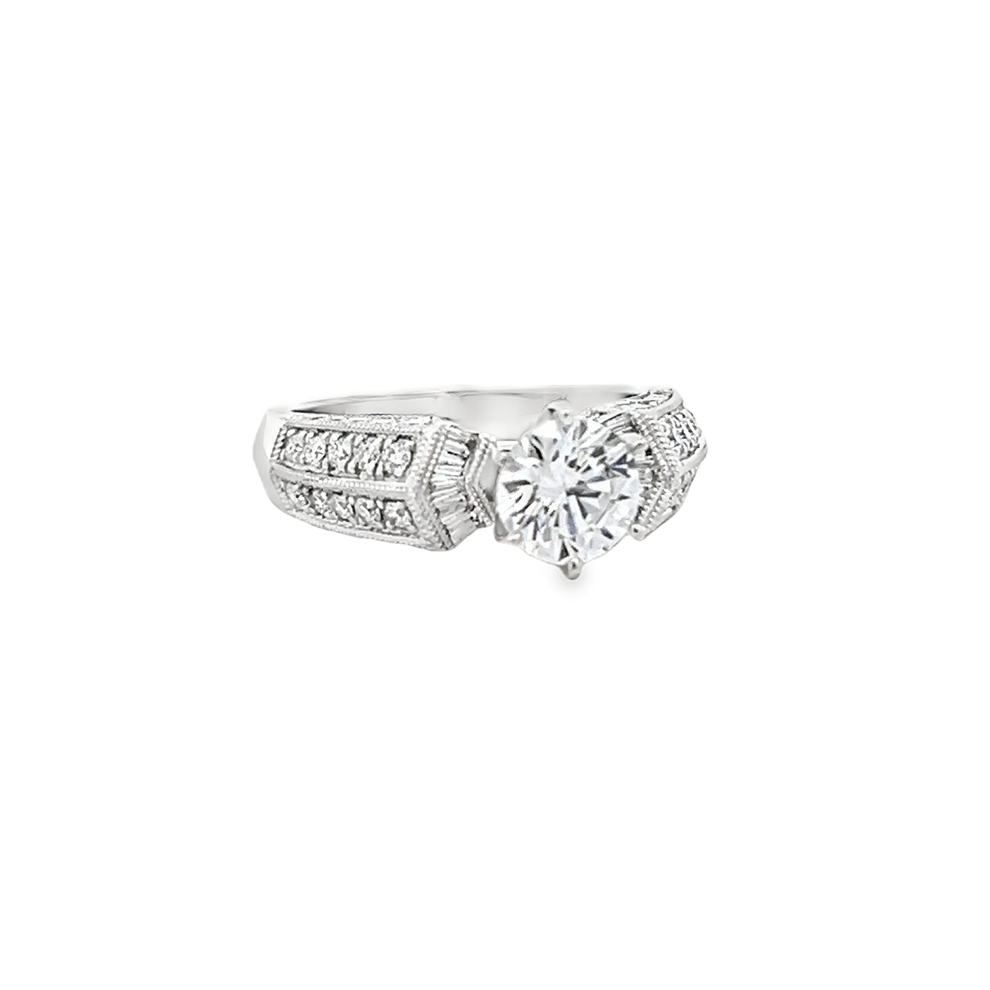 14k White Gold Round and Baguette Cut Diamond Engagement Ring Setting (0.66ctw.)