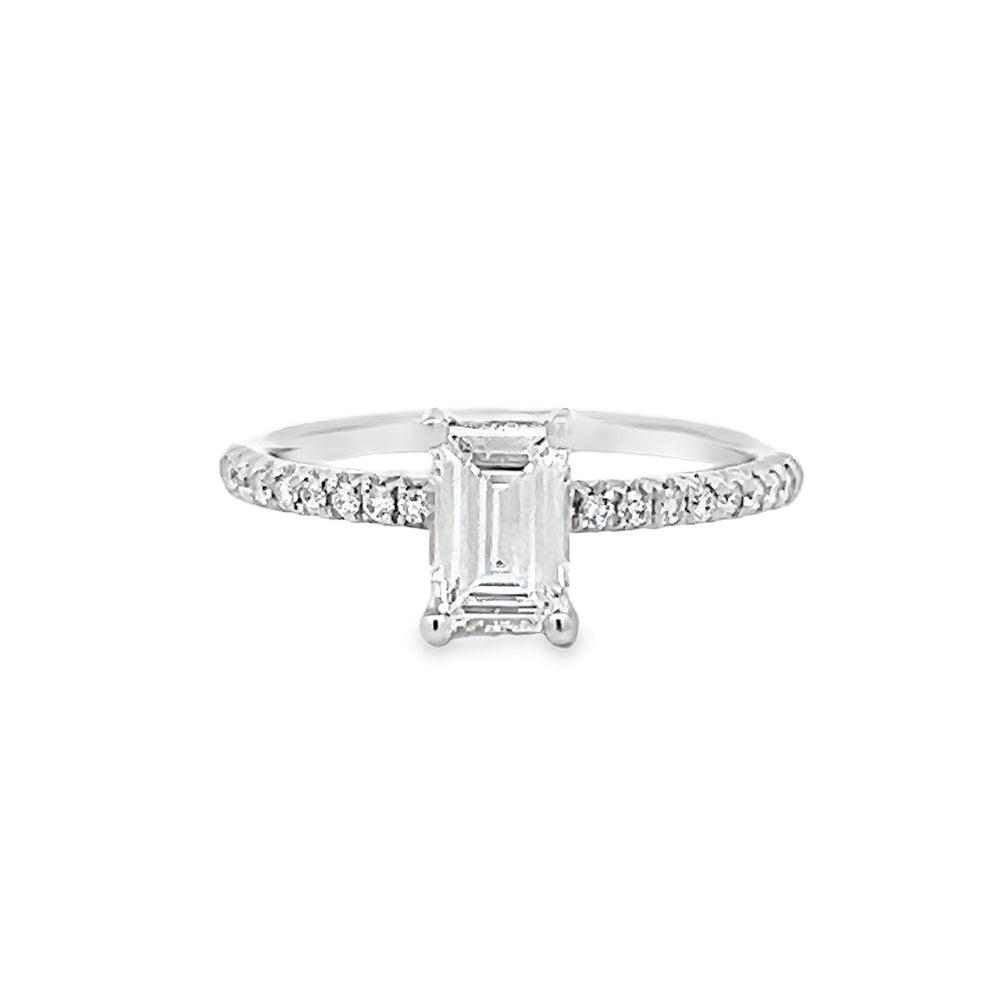 14k White Gold Round Diamond Prong Set Hidden Halo Engagement Ring Setting for an Emerald Cut Center Stone (0.20ctw.)