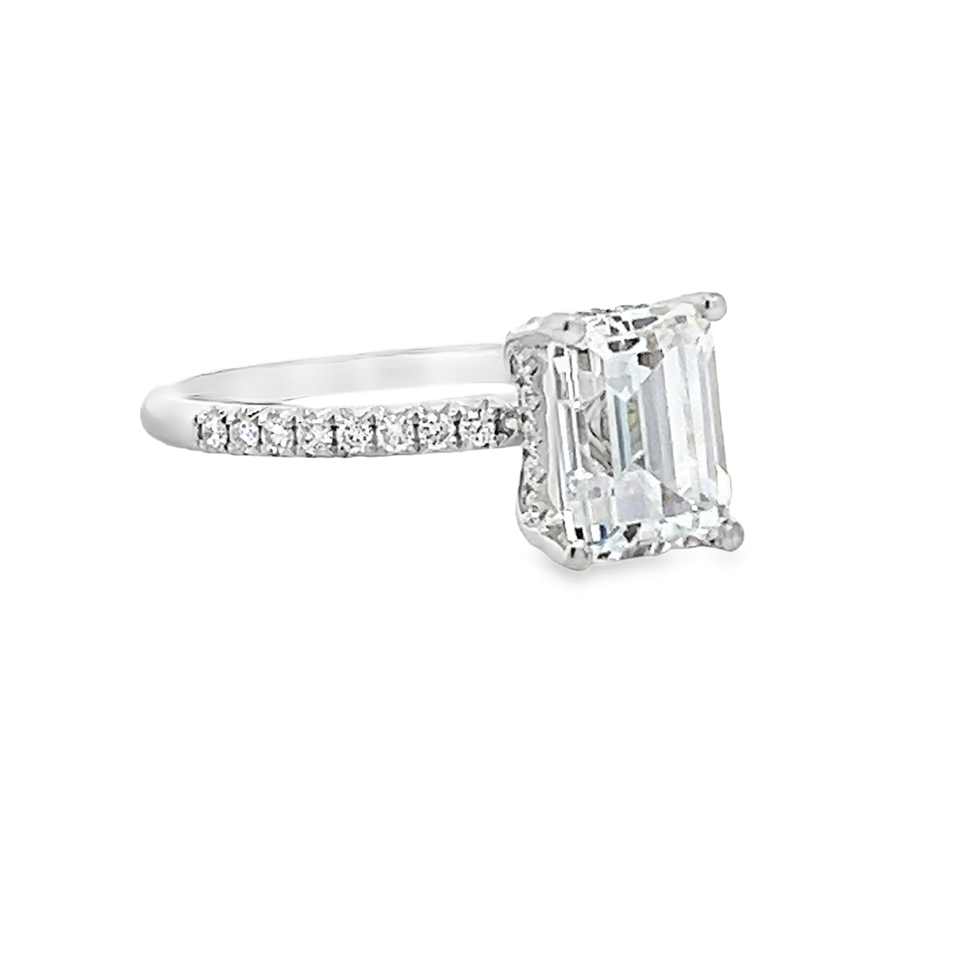 18k White Gold Round Diamond Prong Set Hidden Halo Engagement Ring Setting for an Emerald Cut Center Stone (0.26ctw.)