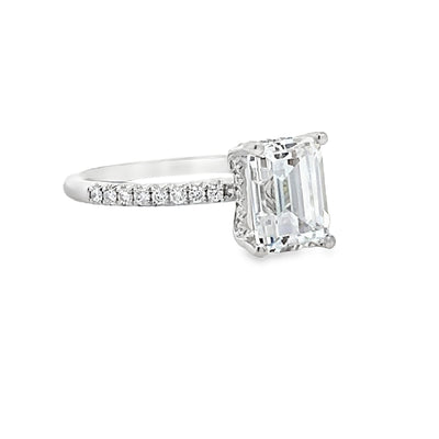 18k White Gold Round Diamond Prong Set Hidden Halo Engagement Ring Setting for an Emerald Cut Center Stone (0.26ctw.)